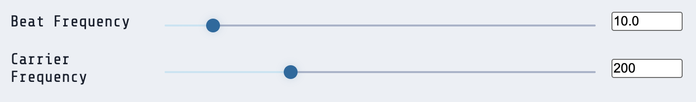 The three core sliders — Beat Frequency, Carrier Frequency, Volume — with numeric inputs to their right