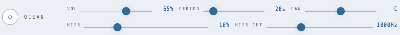 The Ocean strip with vol, pan, wave period, hiss cut, and hiss sliders