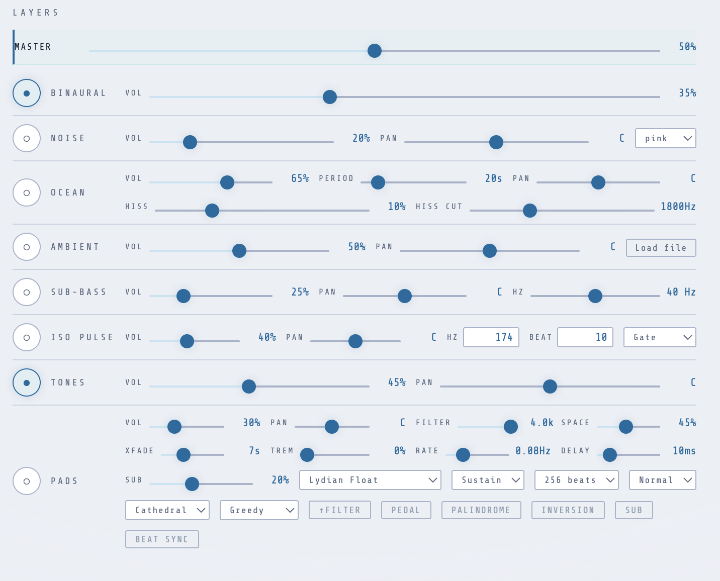 The full layers mixer showing multiple channels active together